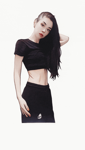 a drawing of a woman in a black crop top and black shorts