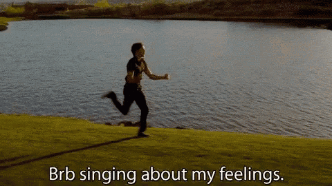 a man is running by a lake with the words brb singing about my feelings written below him