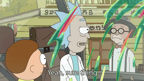 a cartoon character says yeah sure thing in front of a store