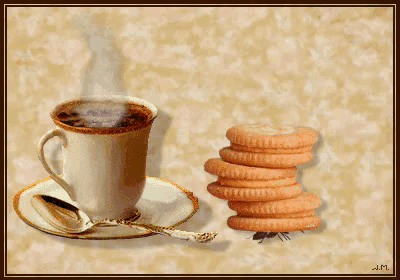 a stack of cookies next to a cup of coffee with a spoon on a saucer
