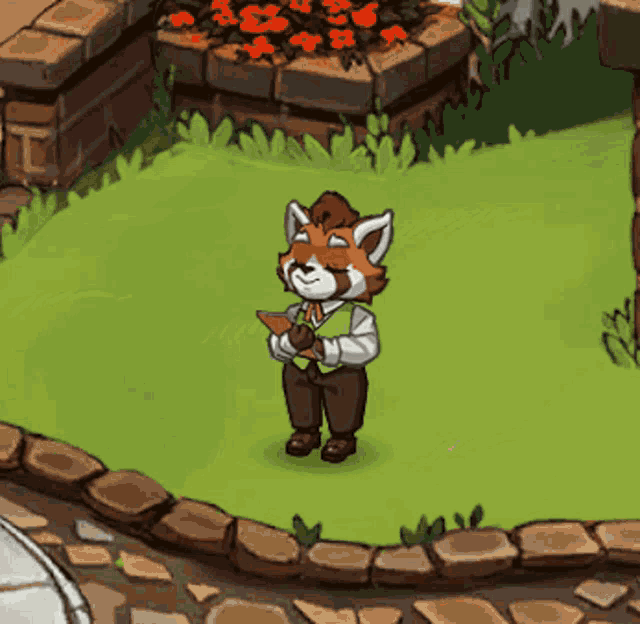 a cartoon fox is standing in a grassy area holding a clipboard
