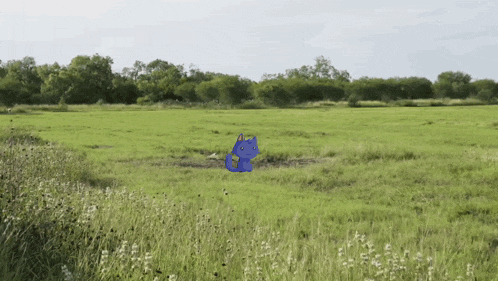 a cartoon cat is sitting in a grassy field