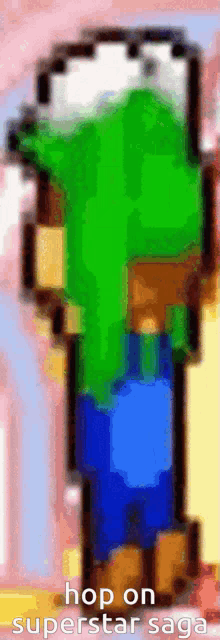 a pixel art of a person with the words hop on superstar saga below