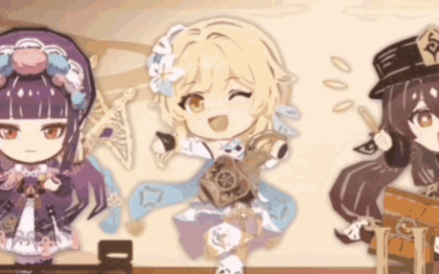 three anime characters are standing next to each other and one of them is holding a sword