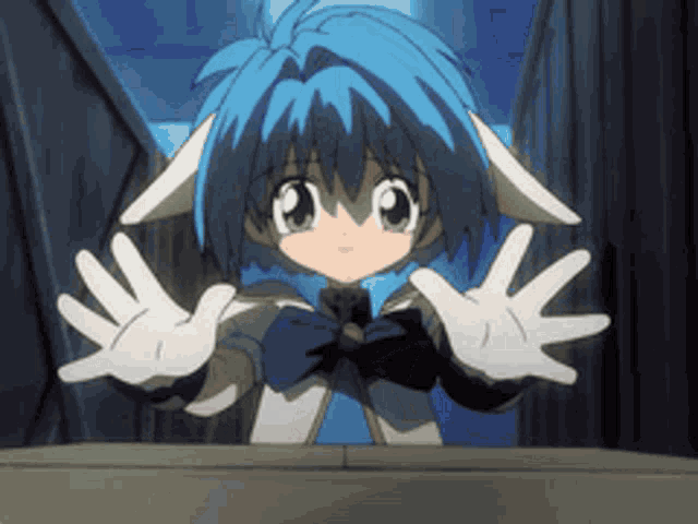 a little girl with blue hair and white ears is reaching out with her hands