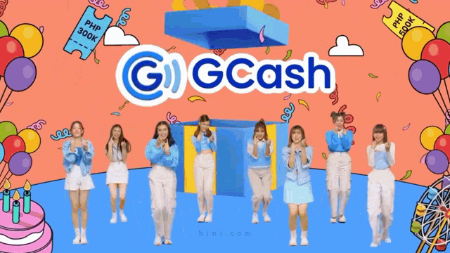 a group of girls standing in front of a gcash logo