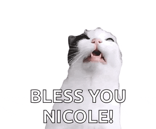 a black and white cat with its eyes closed and the words bless you nicole