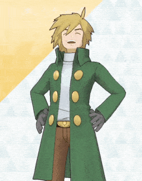 a cartoon character wearing a green coat and brown pants is smiling