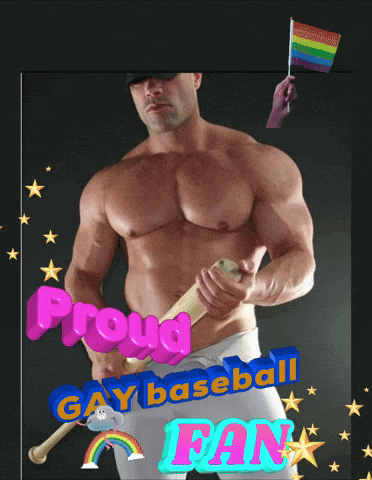 a shirtless man holding a baseball bat with the words proud gay baseball fan