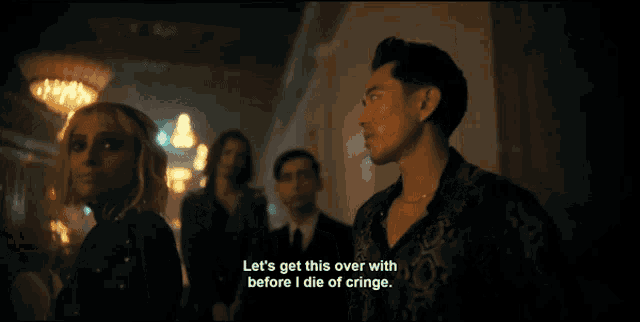 a man says let 's get this over with before i die of cringe in front of a group of people