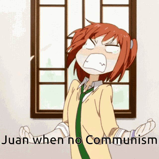 a cartoon of a girl screaming with the words " juan when no communism " above her