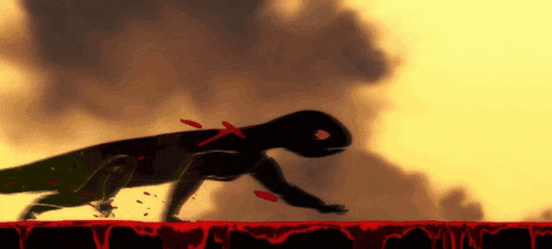 a silhouette of a lizard with blood coming out of it 's mouth