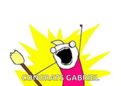 a cartoon character is holding a brush and says congrats gabriel .