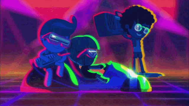 a group of cartoon characters wearing glow in the dark sunglasses