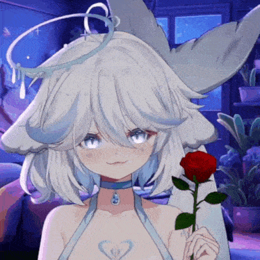 a girl with white hair and blue eyes holds a red rose