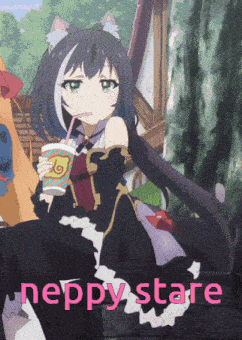 a picture of a girl with a cat ear drinking from a cup with the words neppy stare below it