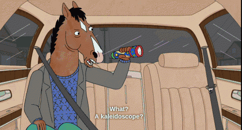 a cartoon horse is holding a kaleidoscope and asking what a kaleidoscope is