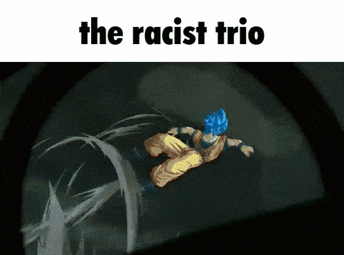 a picture of a cartoon character with the words " the racist trio " on the bottom