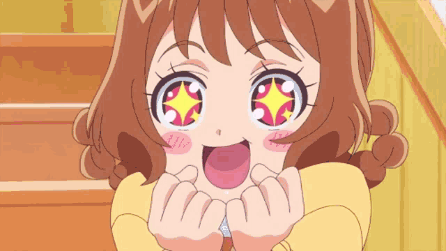 a girl with a star in her eyes is making a face