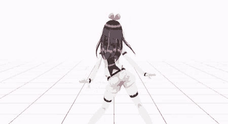 a 3d rendering of a girl dancing on a white tiled floor .