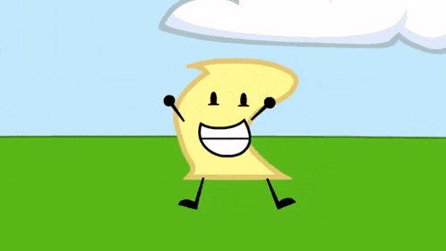 a cartoon character with a smile on his face is standing in a grassy field