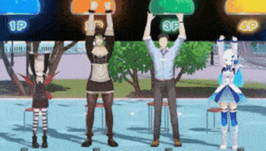 a group of anime characters are standing next to each other in a video game holding up signs .