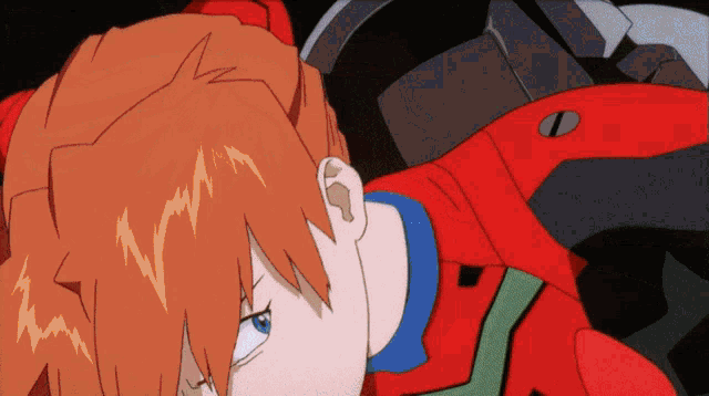a close up of a person 's face with red hair and blue eyes