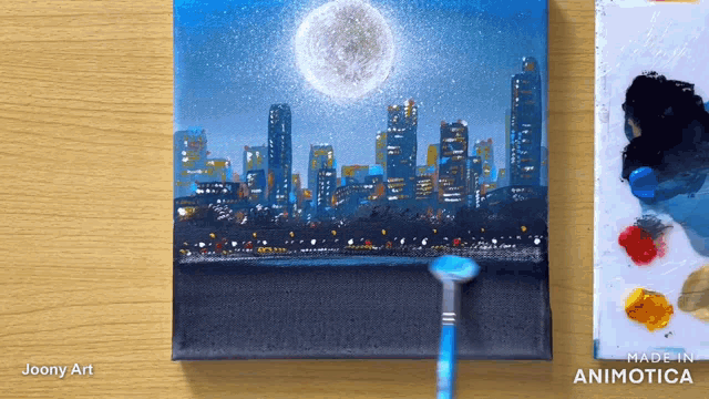 a painting of a city skyline with the words made in animotica on the bottom