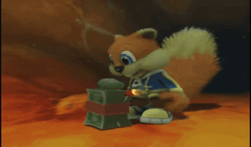 a cartoon squirrel in a blue and yellow outfit stands on an orange surface