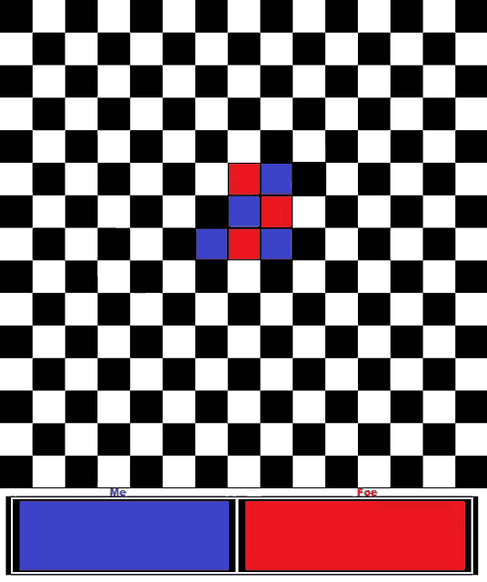 a black and white checkered background with a red and blue square in the middle