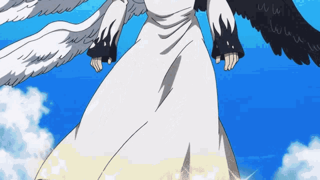 a drawing of a person with wings and a blue sky behind them