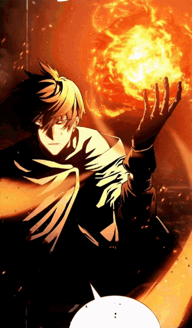 a cartoon character is holding a ball of fire in his hands