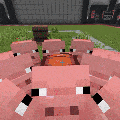 a bunch of pigs are standing around a table in a video game