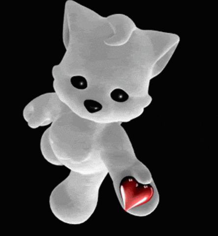 a white teddy bear holding a red heart with pink hearts surrounding it