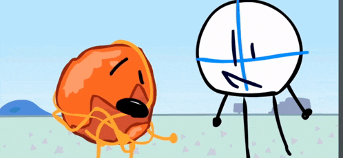 a cartoon drawing of a ball and a white circle with a cross on its face