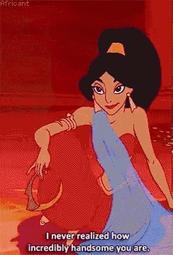 a pixelated cartoon of jasmine from aladdin saying i never realized how incredibly handsome you are