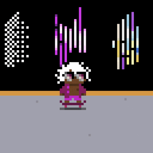 a pixel art of a person standing in front of a black background