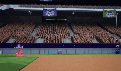 a baseball stadium with a banner that says new big top