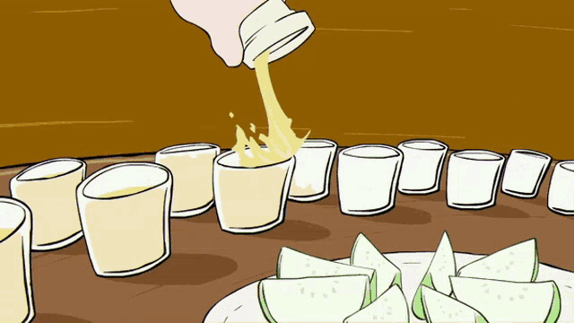 a cartoon drawing of a person pouring a drink into a shot glass