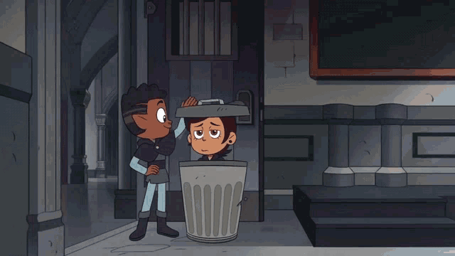 a cartoon character is wearing a trash can on his back