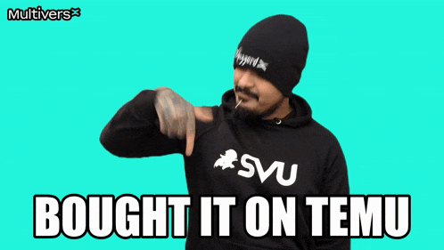 a man wearing a hoodie that says " bought it on temu " on it