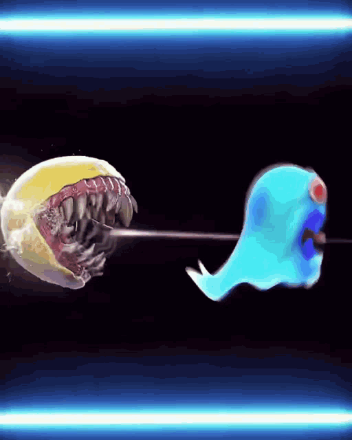 a blue ghost is being attacked by a yellow ball with teeth