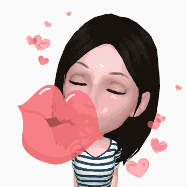 a cartoon of a woman blowing a kiss with hearts around her