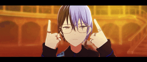 a anime character with glasses and rings on his fingers