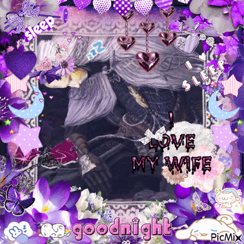 a picture with purple flowers and hearts that says goodnight