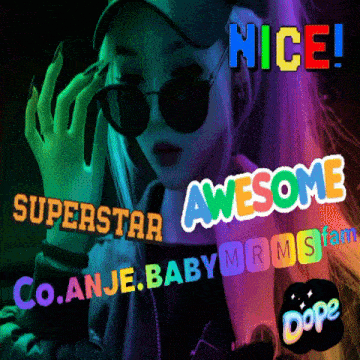 a girl wearing sunglasses and a baseball cap is surrounded by the words nice awesome and coanje baby
