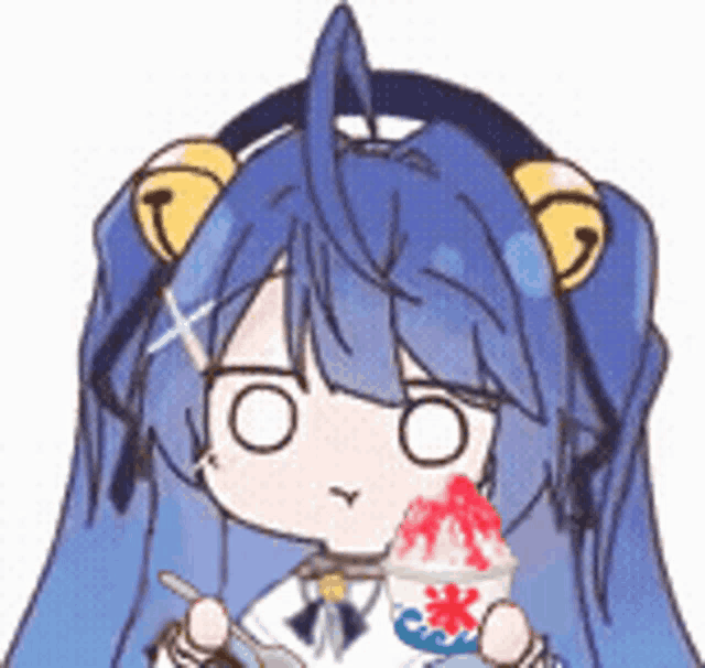 a cartoon girl with long blue hair is holding a cup of ice cream and a spoon .