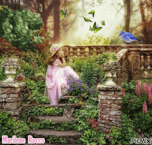 a girl in a pink dress sits on a set of stairs in a garden with butterflies flying around her