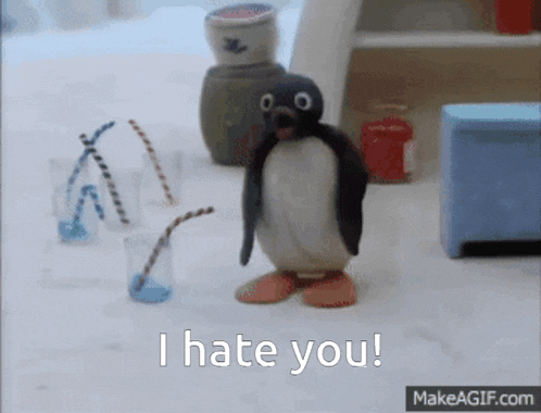 a penguin says i hate you in front of some glasses