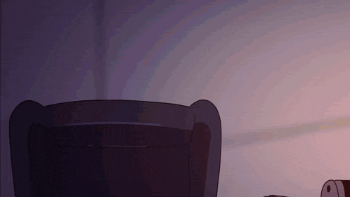 a cartoon drawing of a person sitting in a chair with a purple background